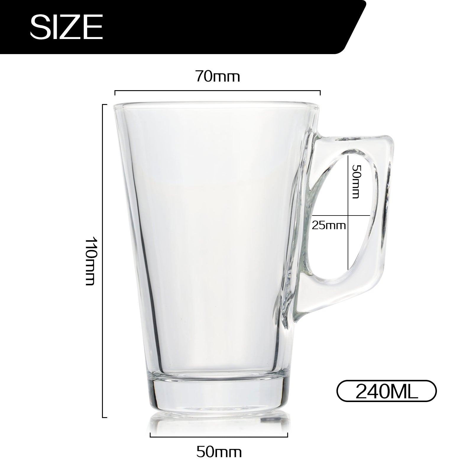 Set of 6 Glass Coffee Tea Mugs With Comfortable Handle Hot Cold Beverage Cups