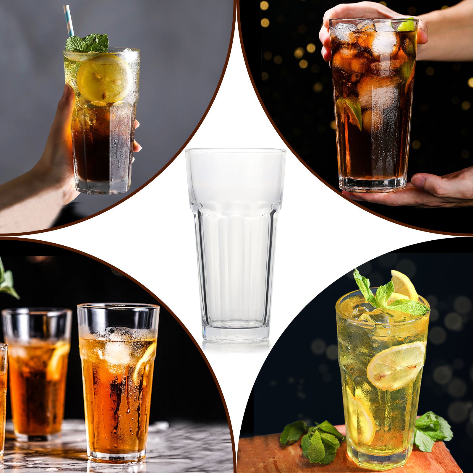 Set of 6 Highball Drinking Glasses Tall Collins Glasses Heavy Base Clear Glass Tumblers For Hot Cold Beverage