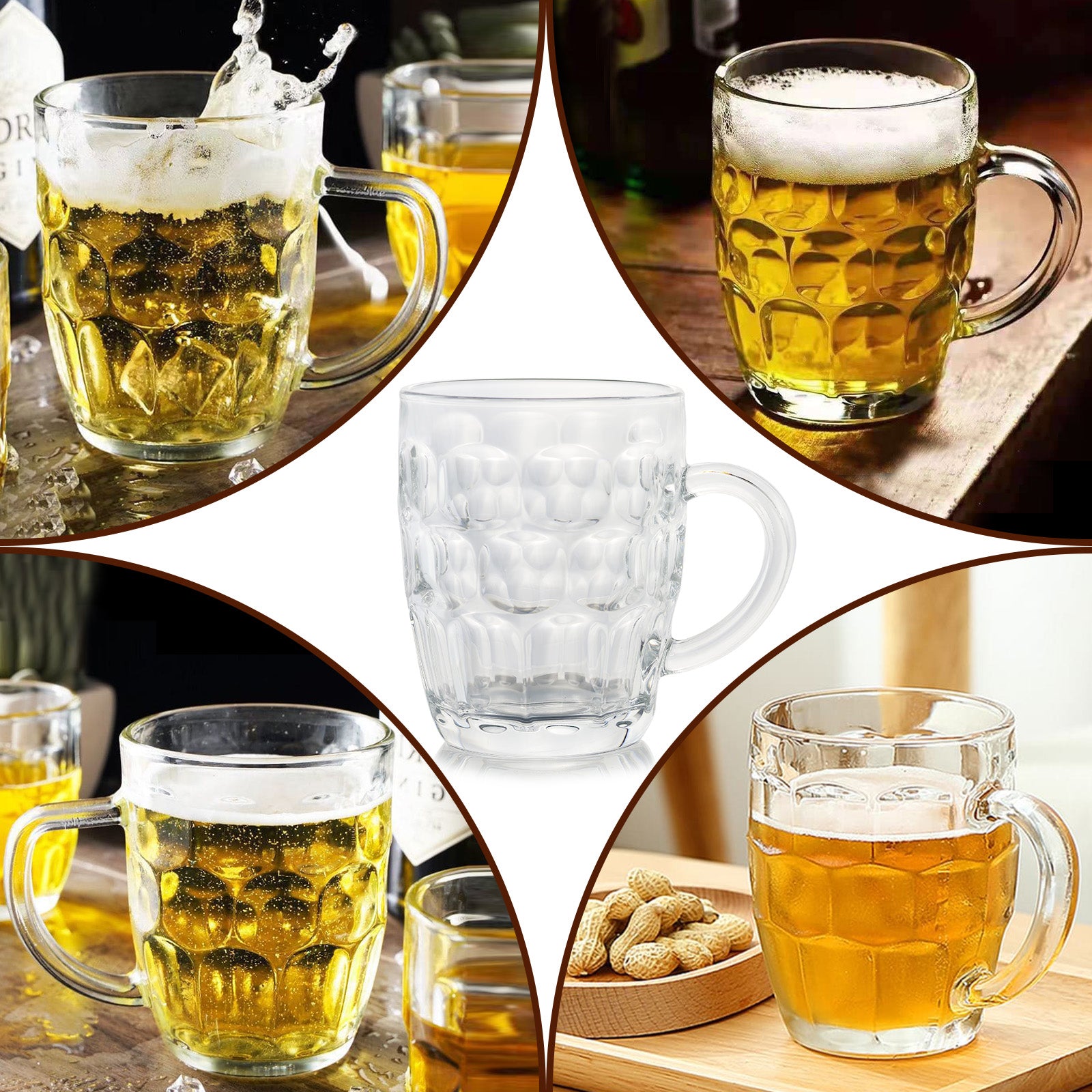 Set of 6 Glass Beer Mugs Large Beer Lead-Free Steins With Handle Hot Cold Beverge