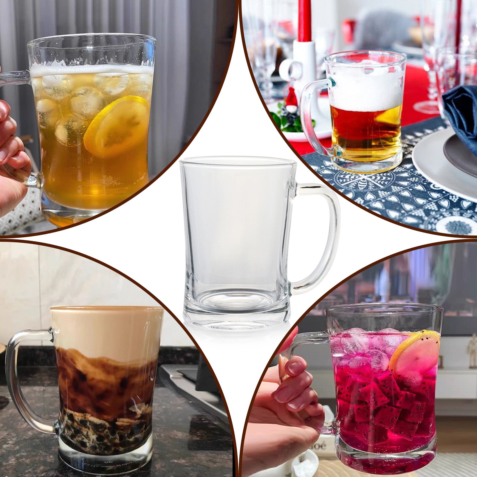 Set of 6 Extra Large Glass Beer Mugs Heavy Duty Thick Clear Beer Glass Steins With Handle For Hot Cold Beverage