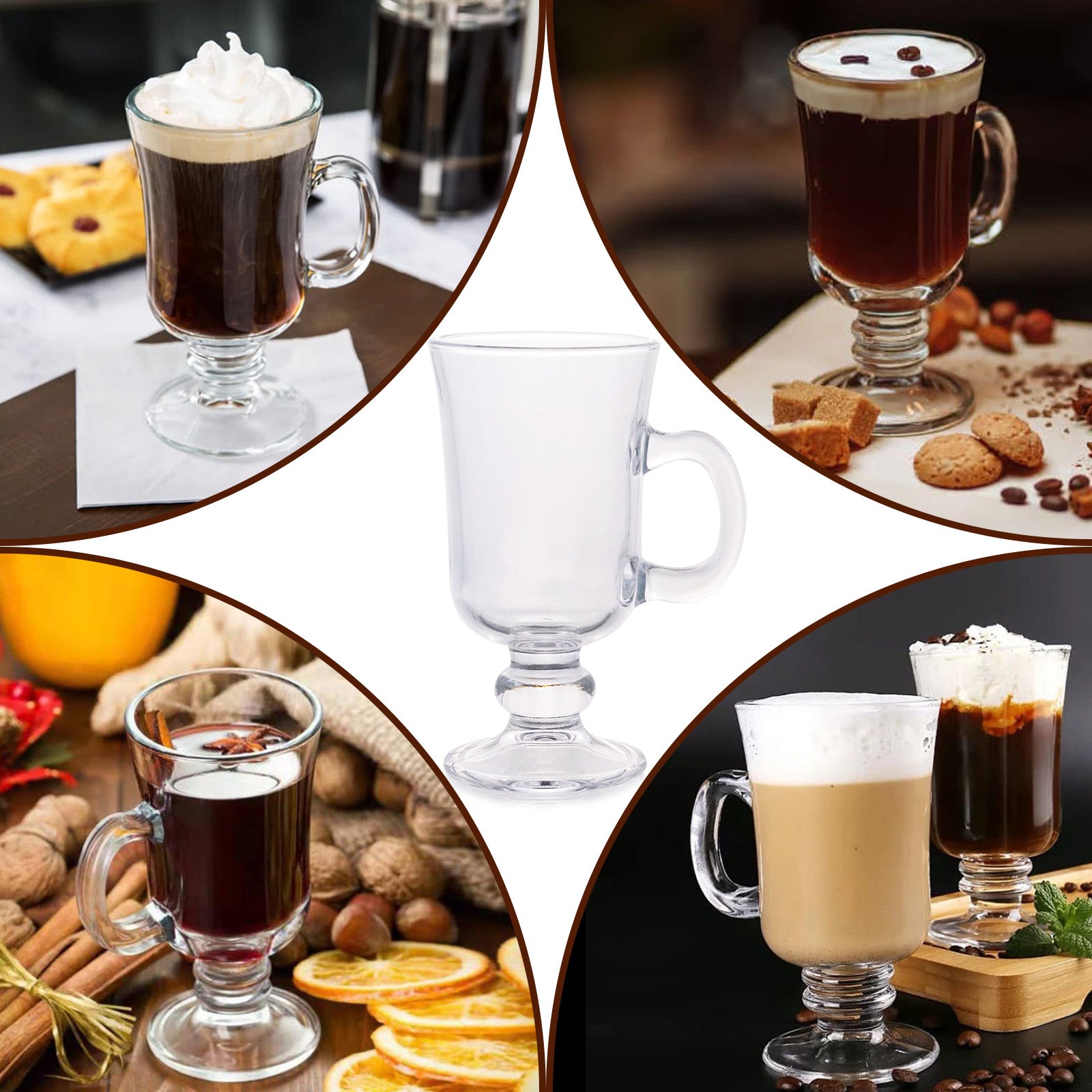 Set of 6 Irish Glass Coffee Mugs Footed Clear Durable Espresso Cups With Handles Hot Cold Beverage