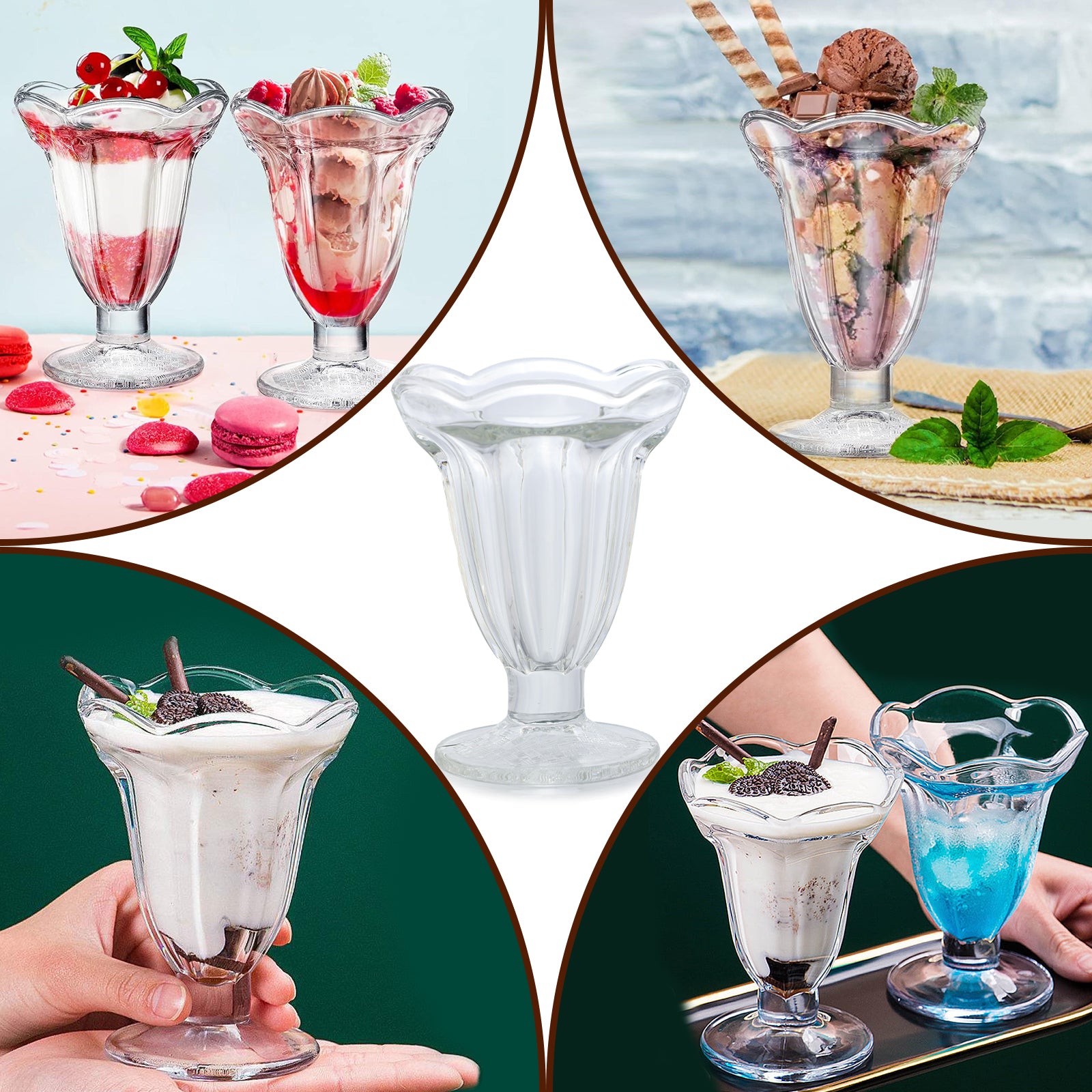 Set of 6 Glass Ice Cream Bowls Clear Tulip Sundae Dessert Bowls Footed Fruit Cups