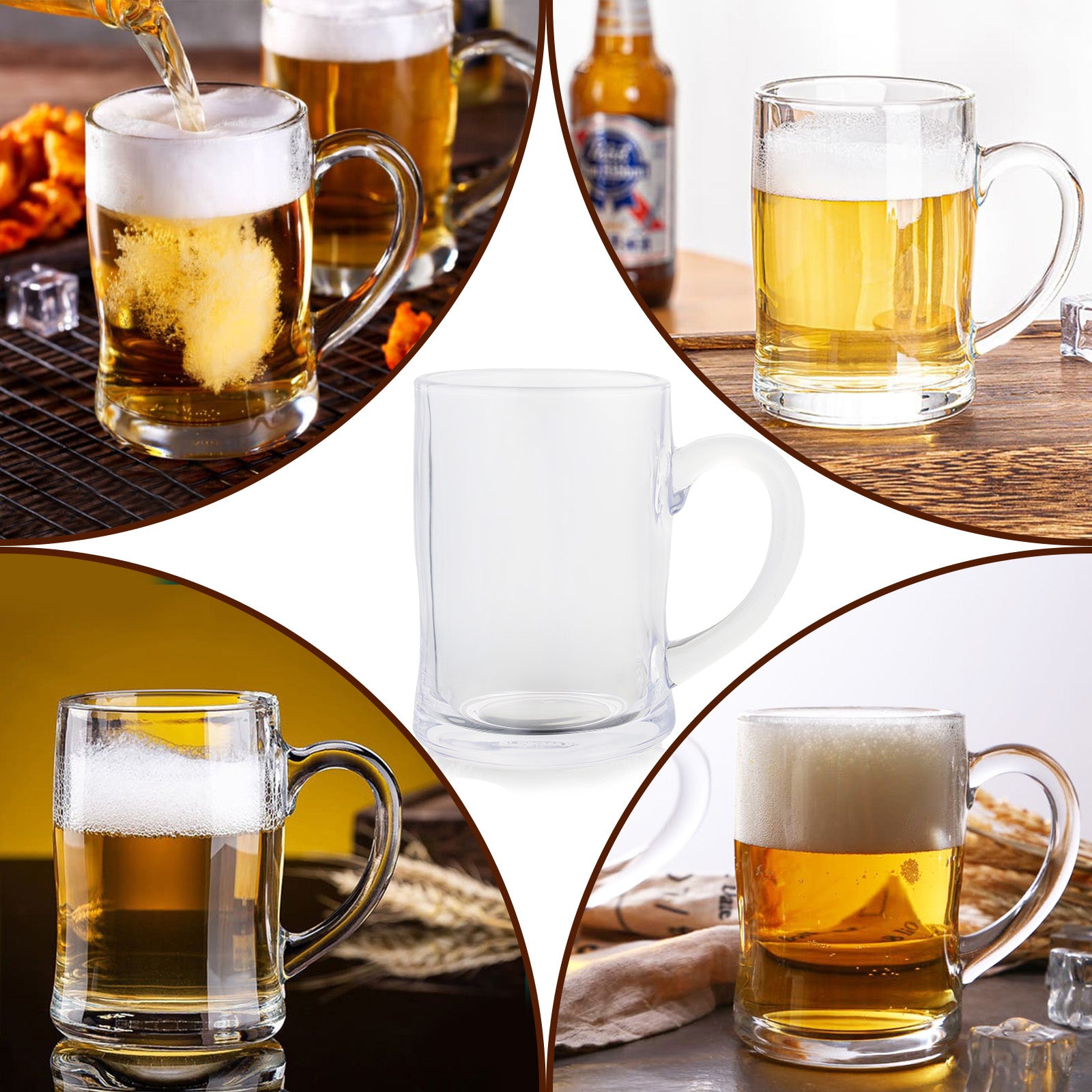 Set of 6 Glass Beer Mugs Large Clear Thick Beer Glass Steins with Handle Hot Cold Beverage