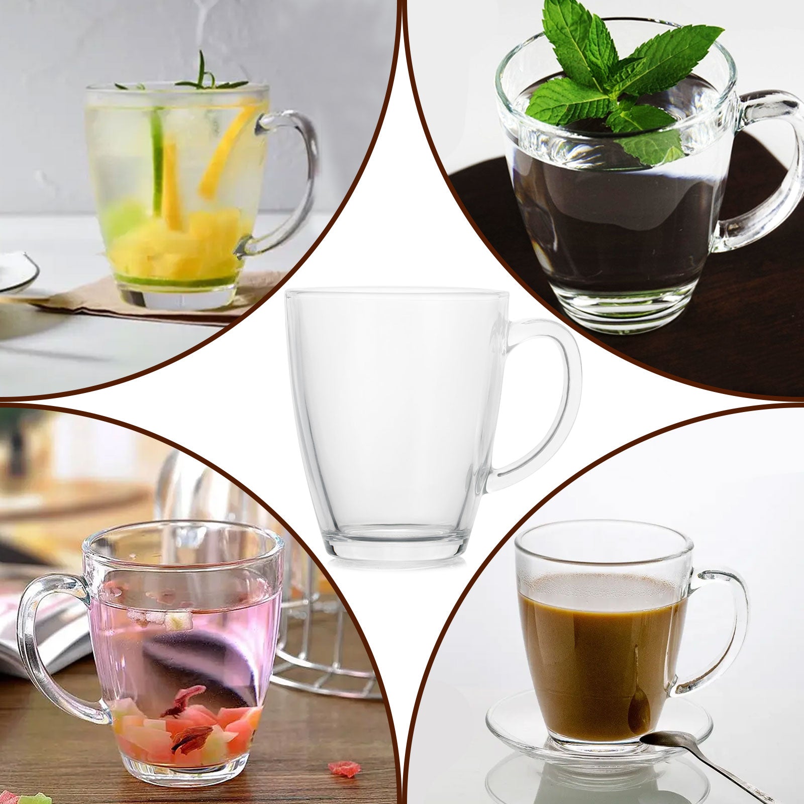 Set of 6 Premium Glass Coffee Mugs With Handle Wide Mouth Hot Cold Beverage Mugs