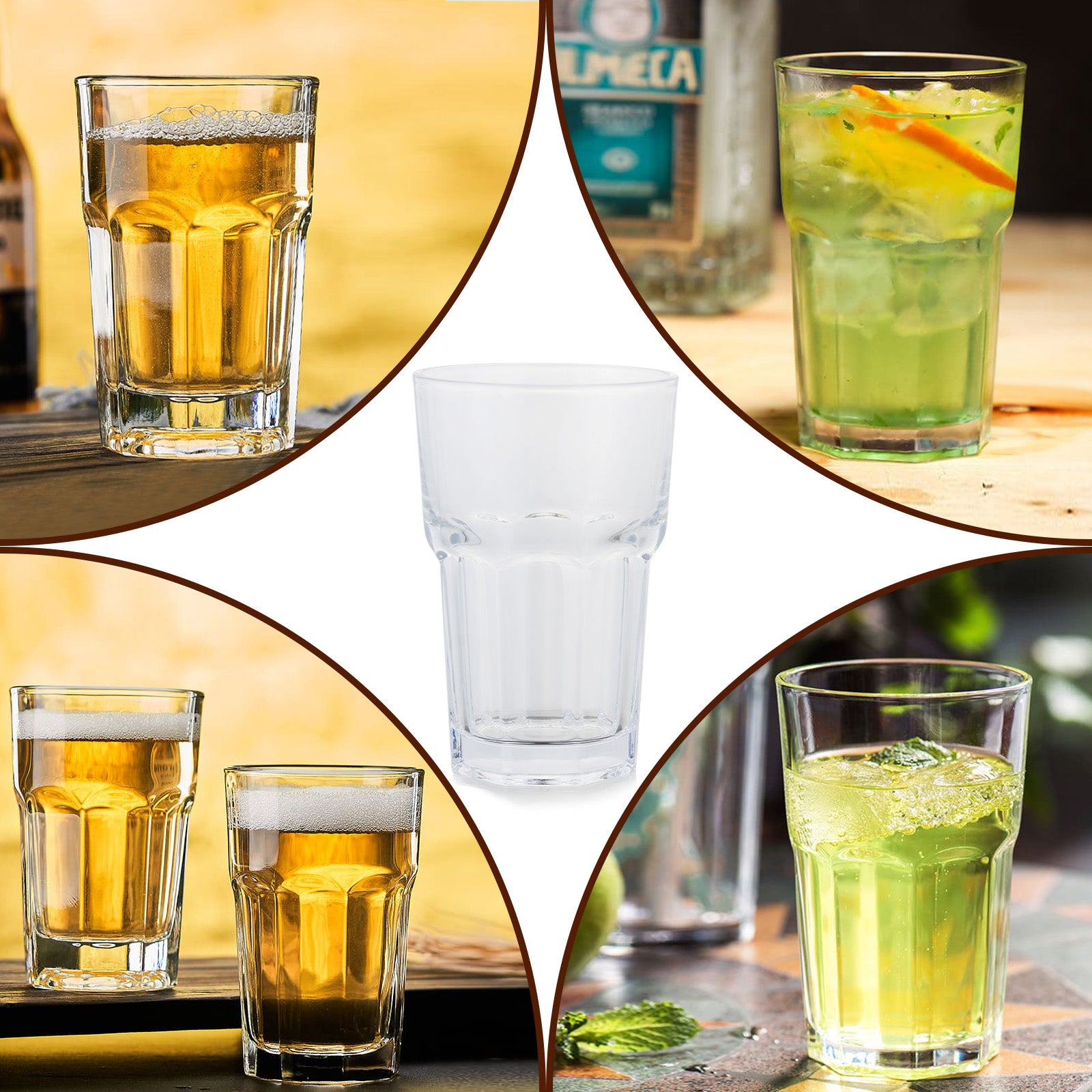 Set of 6 Highball Drinking Glasses Thick Heavy Base Clear Glass Tumbler Cup For Hot Cold Beverage