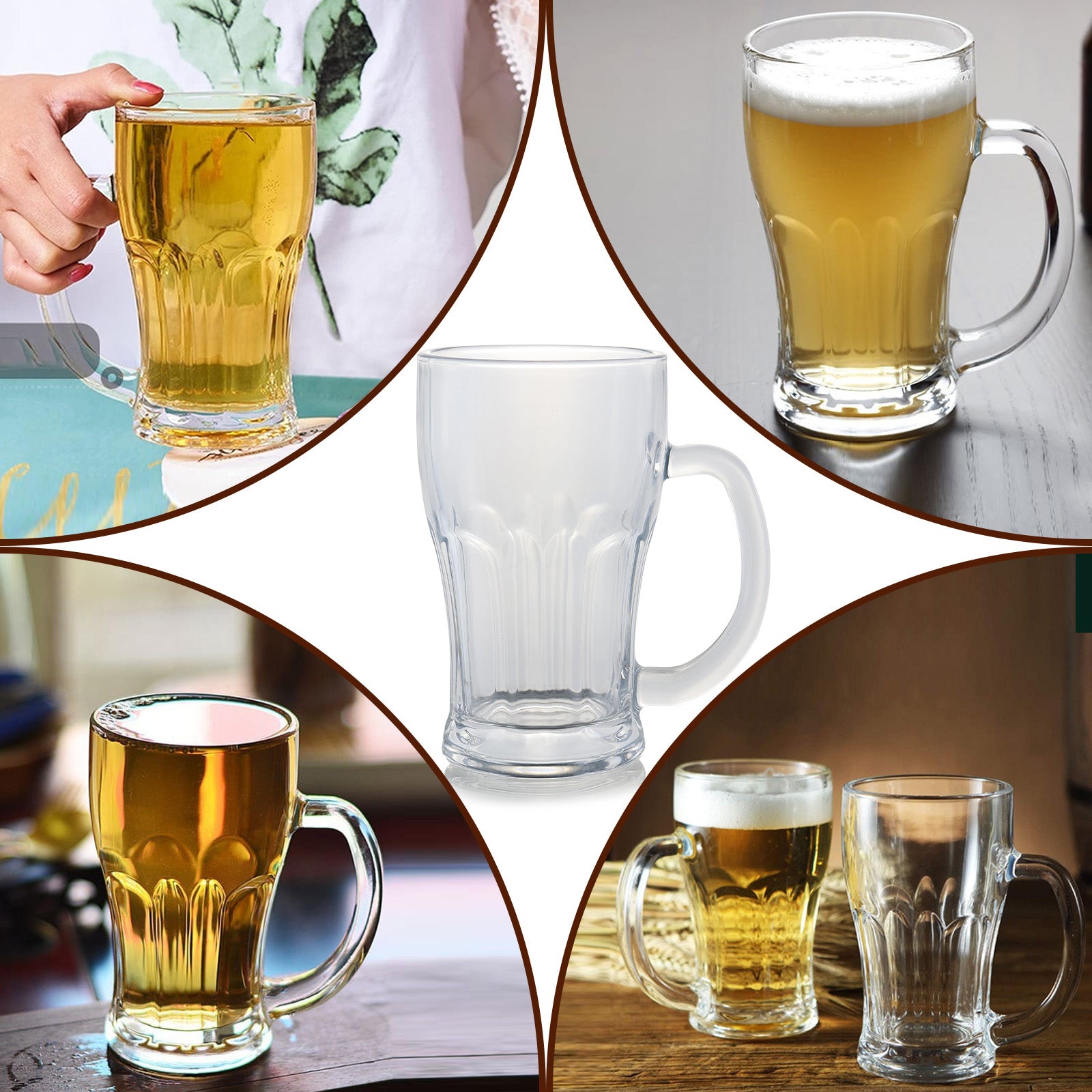 Set of 6 Glass Beer Mugs Large Beer Lead-Free Steins With Handle Hot Cold Beverge