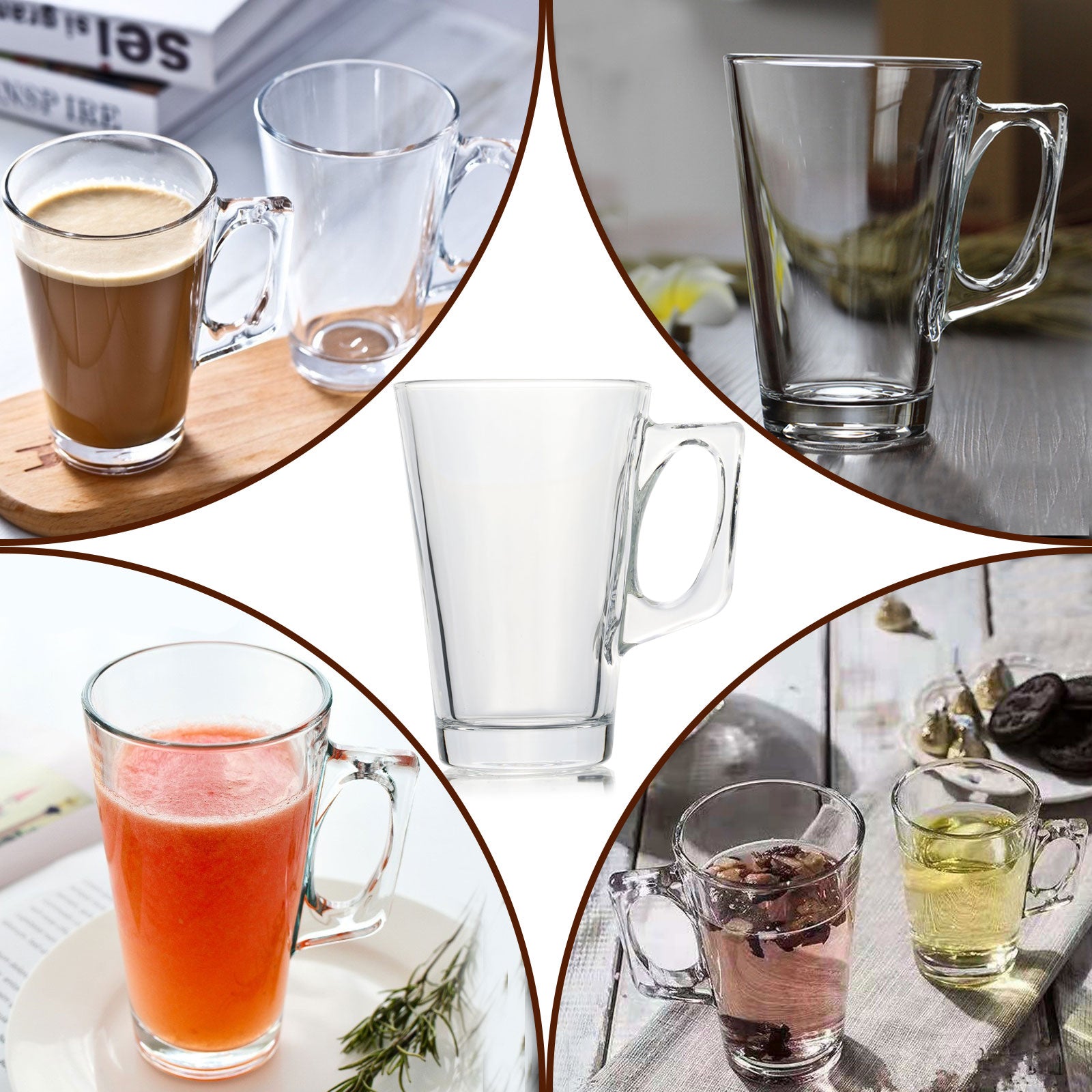 Set of 6 Glass Coffee Tea Mugs With Comfortable Handle Hot Cold Beverage Cups