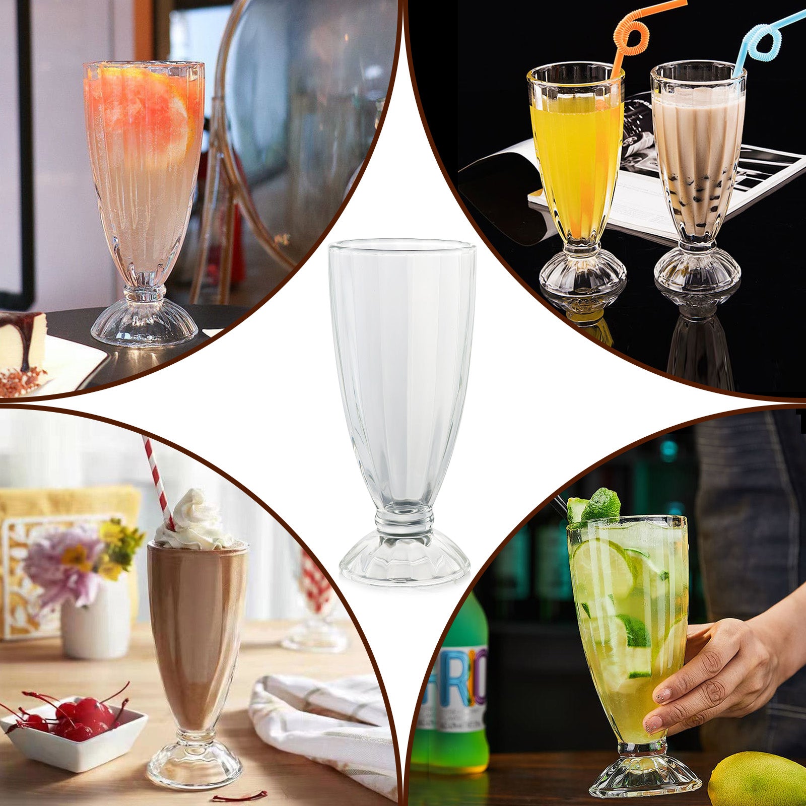 Set of 6 Milkshake Glasses Clear Soda Sundae Dessert Glasses Footed Ice Cream Cups