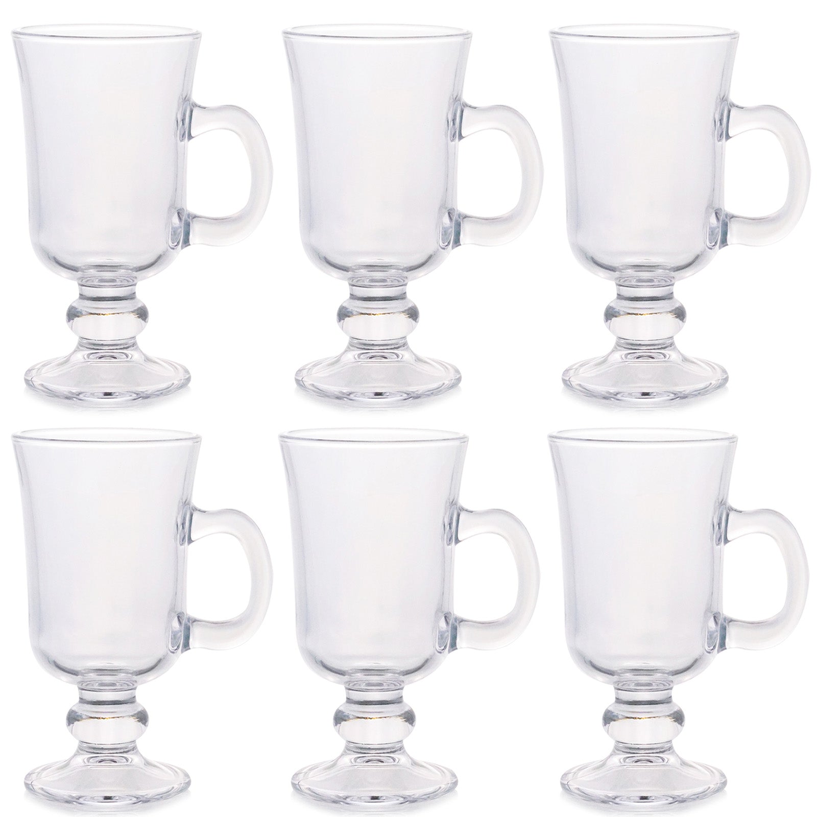 Set of 6 Irish Glass Coffee Mugs Footed Clear Durable Espresso Cups With Handles Hot Cold Beverage