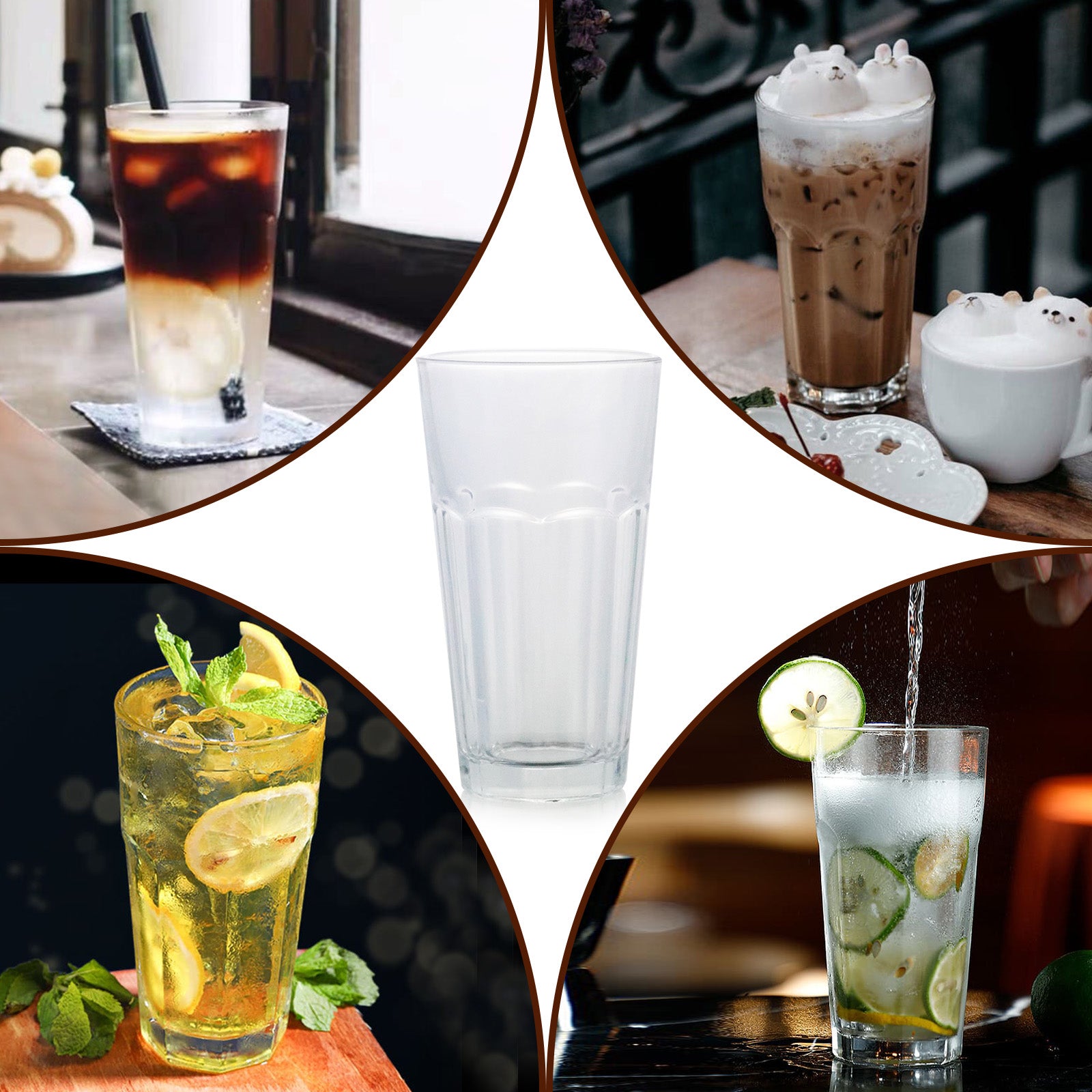 Set of 6 Highball Juice Drinking Glasses Lead-Free Tempered Glasswares Thick Heavy Base Clear Iced Hot Tea Glassware for Juice Milkshake Tumbler Cup