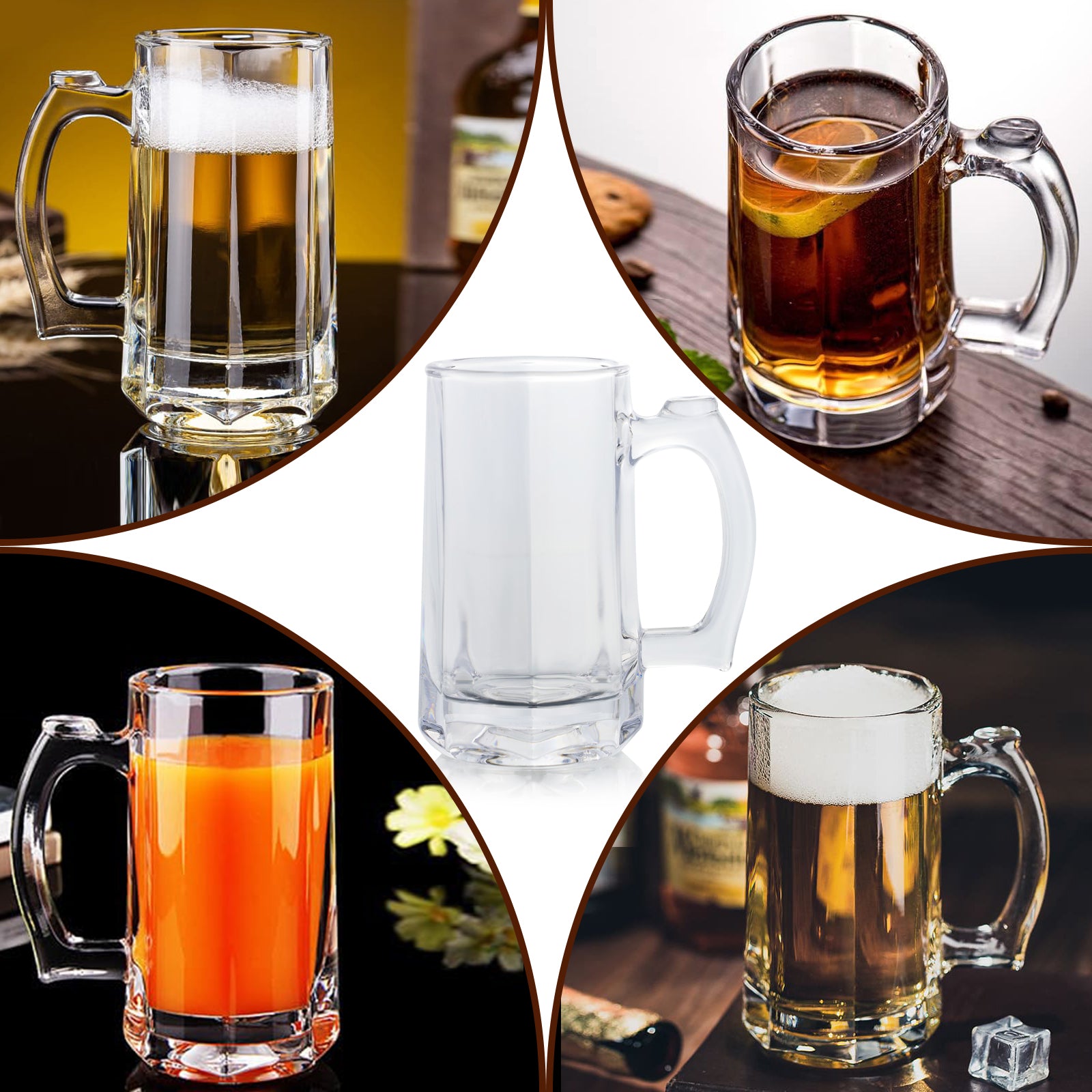 Set of 6 Glass Beer Mugs Large Heavy Duty Thick Glass Beer Steins For Hot Cold Beverage