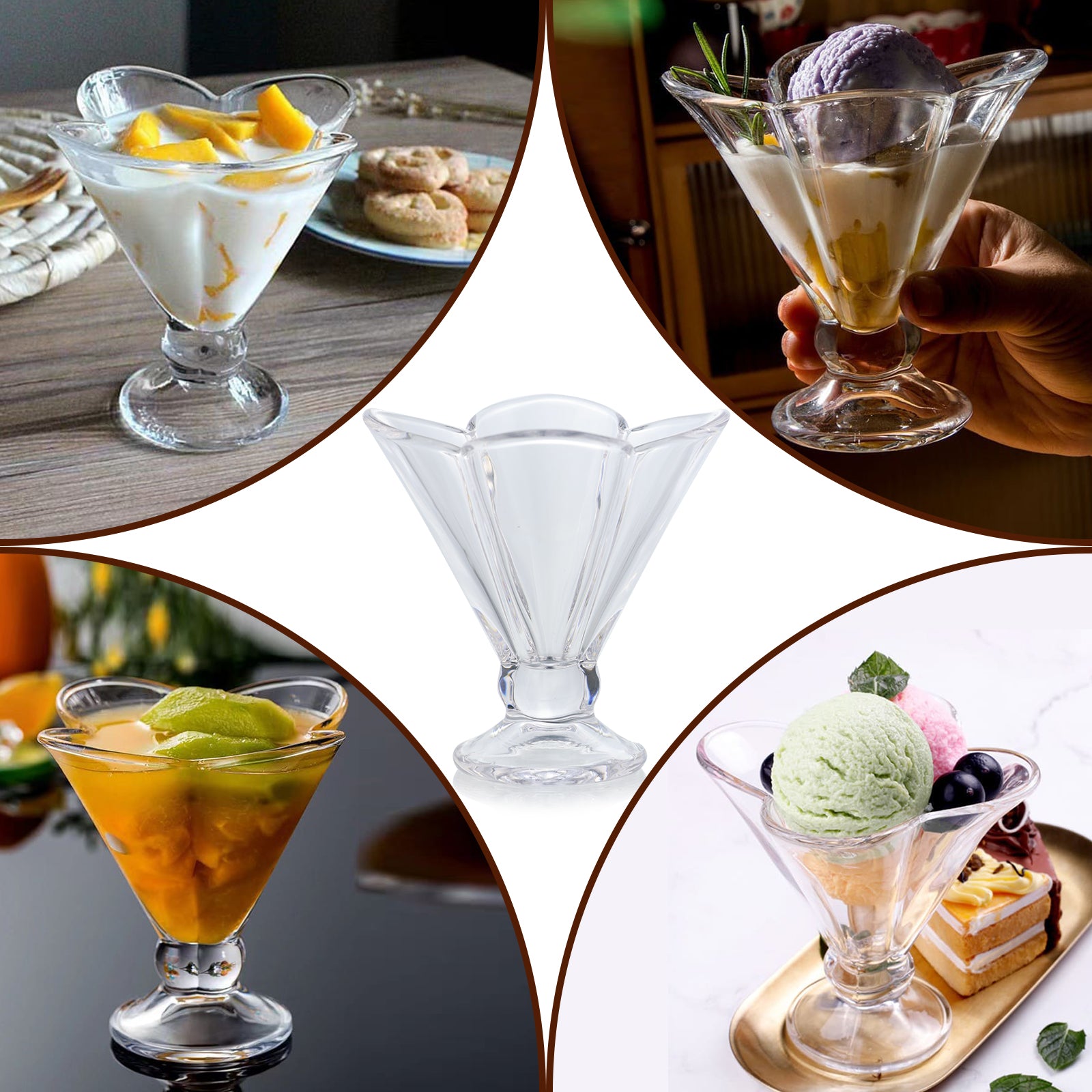 Set of 6 Glass Dessert Bowls Clear Footed Ice Cream Bowls Milkshake Sundae Cups