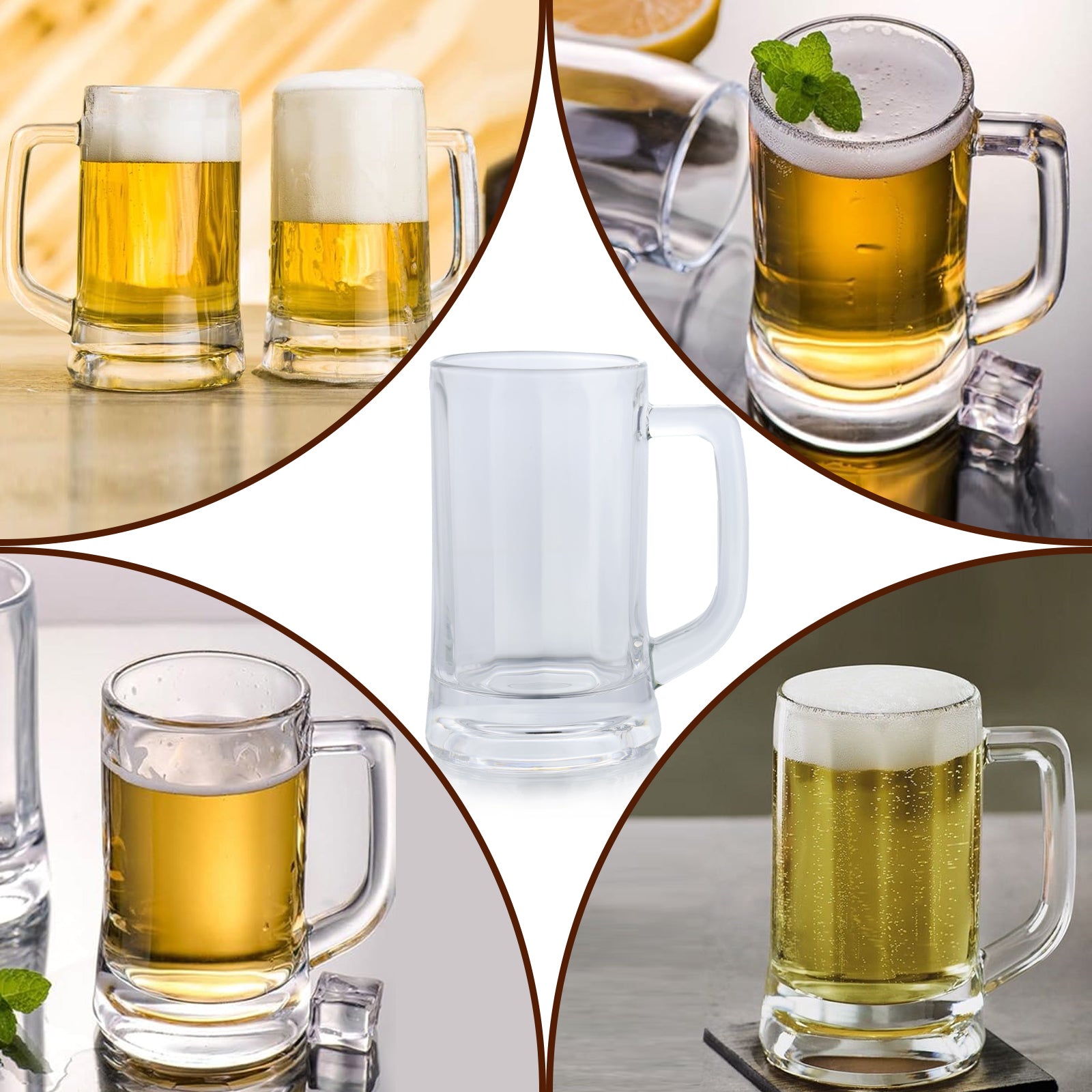 Set of 6 Glass Beer Mugs Heavy Base Thick Clear Glass Steins For Hot Cold Beverage