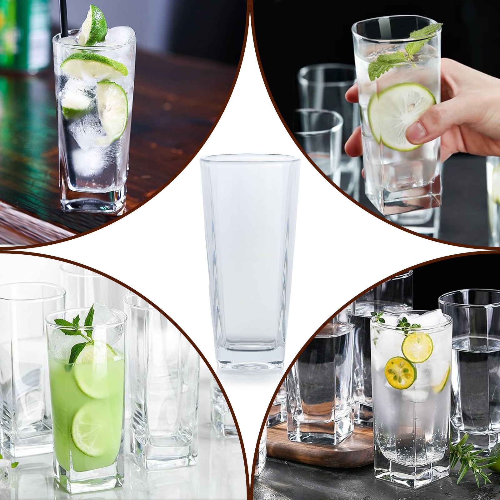 Set of 6 Glass Collins Drinking Tall Cups Kitchen Glasses for Hot Cold Beverage