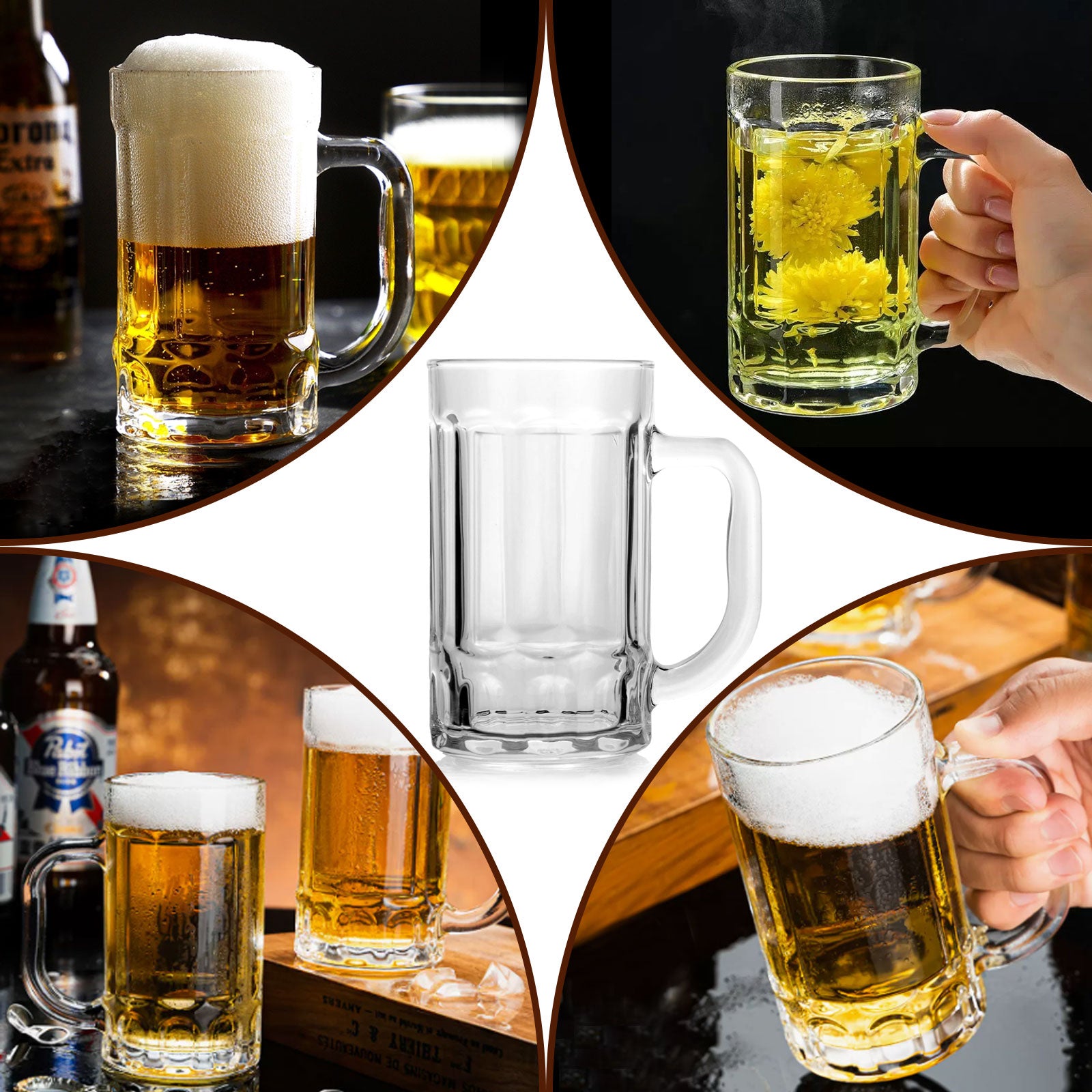Set Of 6 Glass Beer Mugs Large Beer Glass Steins with Handle Hot Cold Beverage Mugs