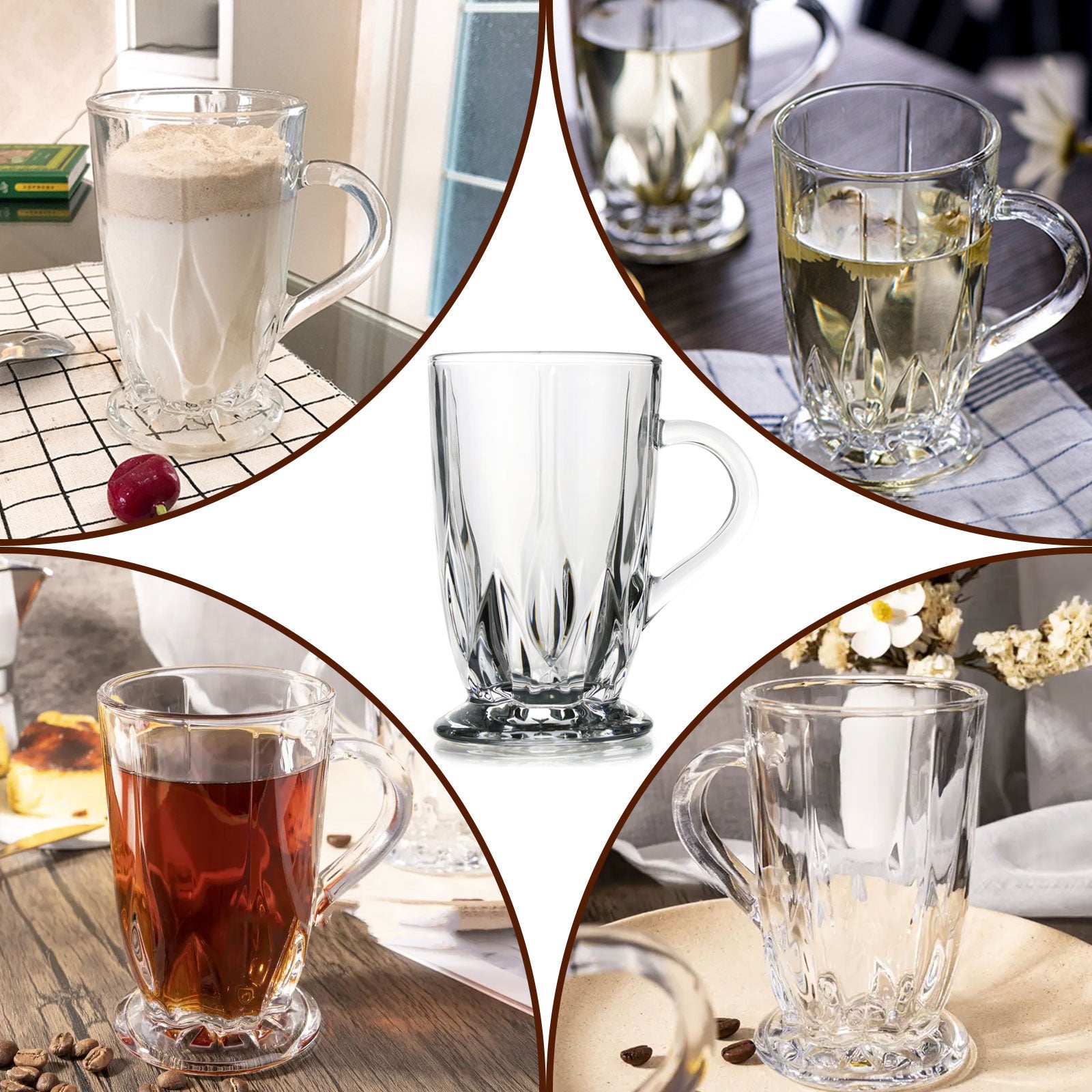 Set of 6 Glass Coffee Tea Mugs Large Clear Durable Mug With Comfortable Handle For Hot Cold Beverage